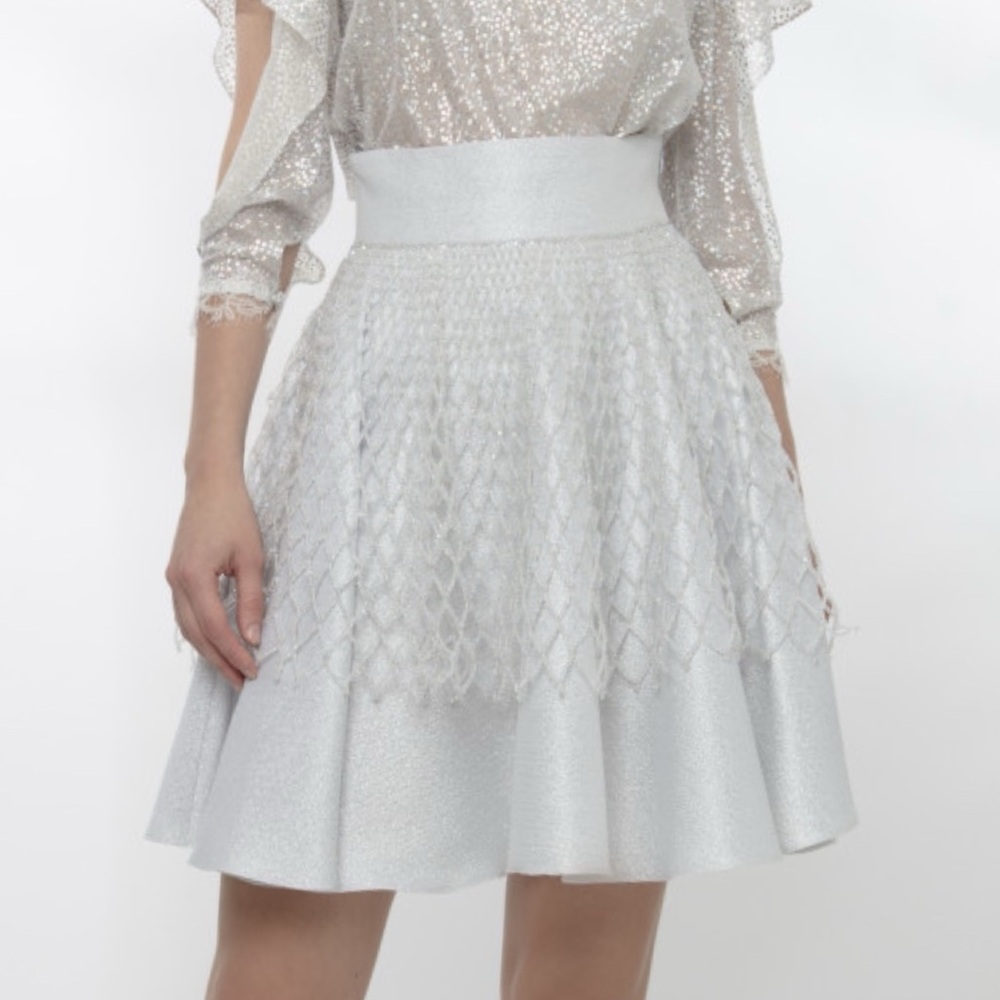 GEMY MAALOUF Shimmery Silver Short Skirt with Beaded Details Size 16/18